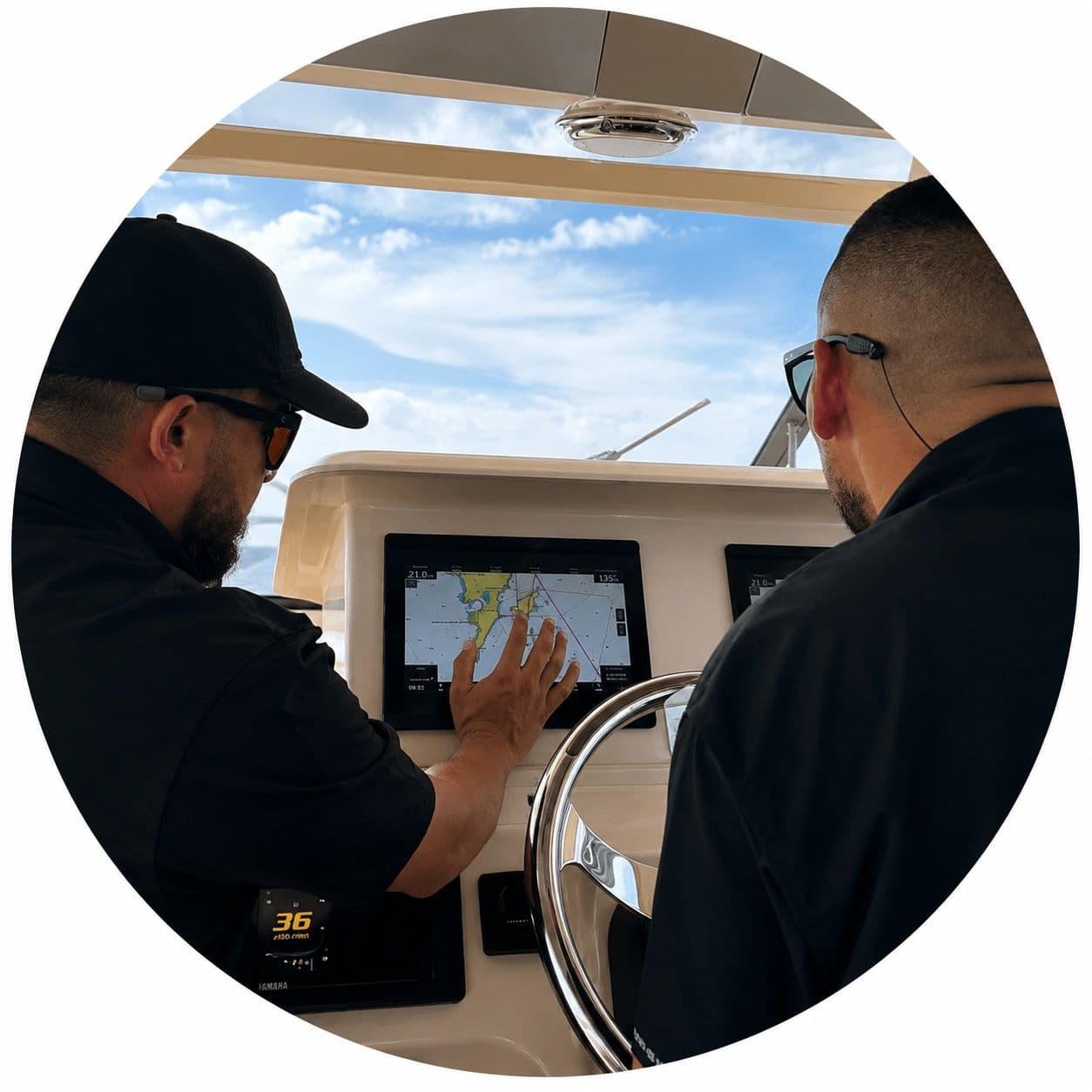 Carlos and Yeishlianys at the helm reviewing the chartplotter